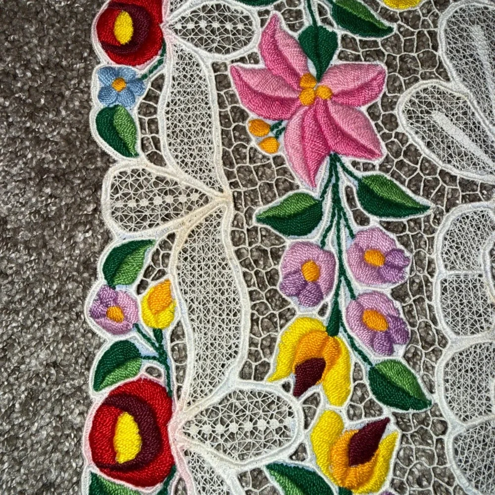 Vintage Kalocsa Floral Table Runner Hand Embroidered Hungarian Folk Art Lace